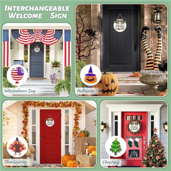 Interchangeable Welcome Sign - Wooden Welcome Wreath with 16 Holiday Icons - Picture 6 of 7